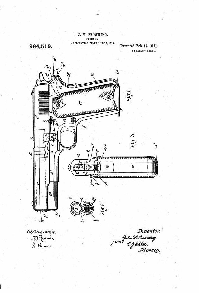 Схема пистолета кольт 1911 года из патента США № 984519